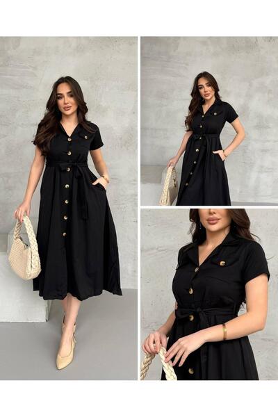 Anna Moda Siyah Kısa Kol Kuşaklı Elbise