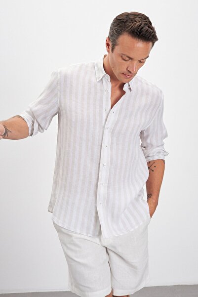 Paşahan Relax Fit Striped Bottom Collar 100% Linen Men's Shirt