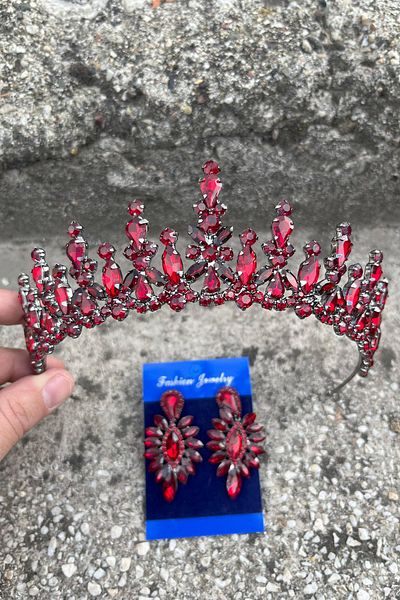 Hobigram Elvira Burgundy Bridal Henna Crown Special Occasion Accessory Women's Crown and Thin Shuttle Earring Set