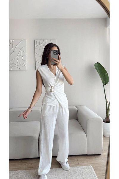 Zoom Butik Buckle Double Breasted Trousers Suit - White