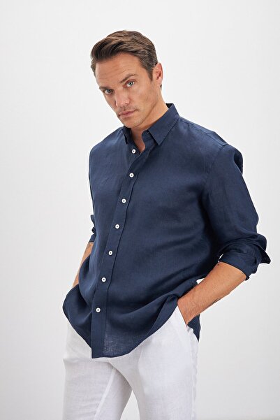 Paşahan Relax Fit Bottom Collar 100% Linen Men's Shirt