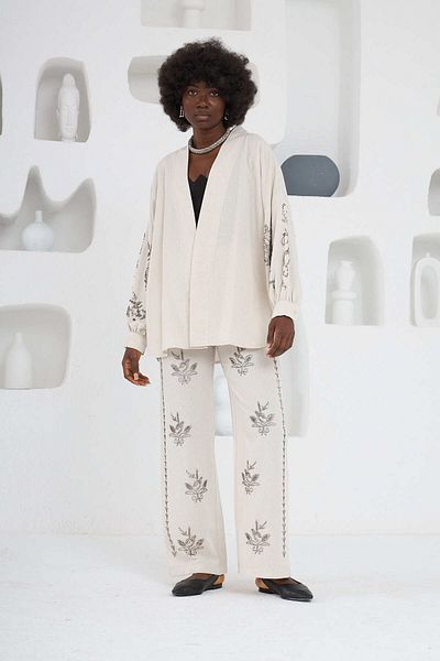 MİA NOURA Women's Kimono Back and Sleeves with Beadwork Pants Front with Beadwork Kimono Pants Set
