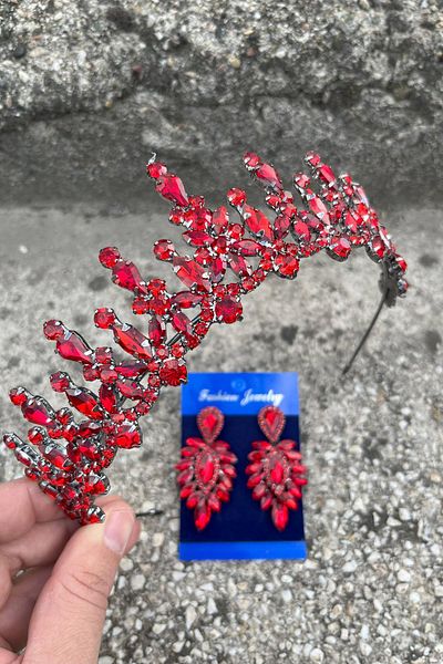 Hobigram مجموعة إكليل العروس الحمراء من Elvira، إكسسوارات المناسبات الخاصة، تاج نسائي وأقراط رفيعة