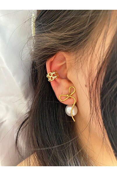 ŞİMŞEK KIRTASİYE BİJUTERİ أقراط من الفولاذ المقاوم للصدأ موديل حجري بسلسلة مزدوجة