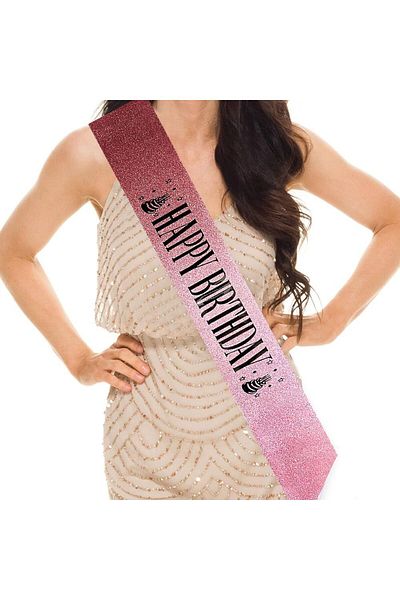 merland benvecocuk Pink and Black Big Happy Birthday Written Glittery Sparkling Belt 10 cm Width