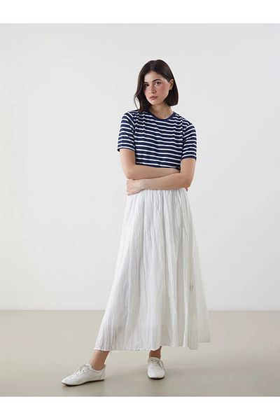 LC Waikiki Lcw Modest Navy Blue Crew Neck Striped Women's T-Shirt