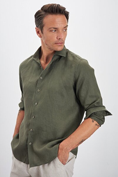 Paşahan Italian Collar Comfort Fit Plain 100% Linen Men's Shirt