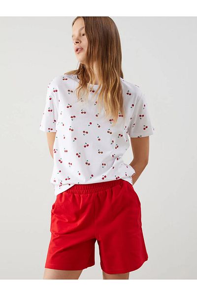 LC Waikiki Xside White Crew Neck Cherry Printed Women's T-Shirt