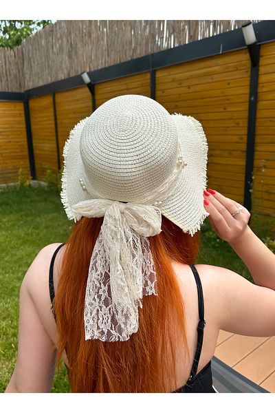 CSR Collection Straw Lace Bow Pearl Detailed Ultra Premium Hat