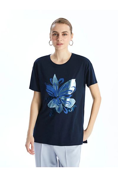 LC Waikiki Lcwaikiki Classic Navy Blue Crew Neck Floral Women's T-Shirt