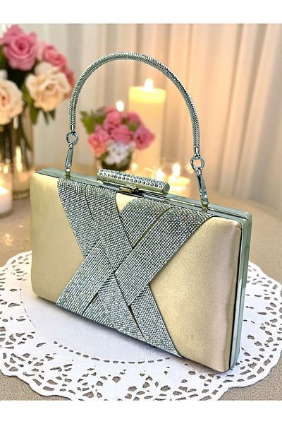 Biçanta Skin Nude Color Satin Silver Crystal Stone Handmade Special Production Women's Evening Dress Bag