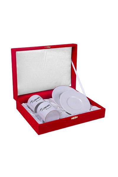 Magıl Ataturk Signature Printed Velvet Gift Boxed Turkish Coffee Cup Set of 2