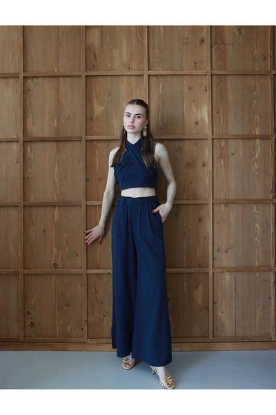 Gameyal Women's Comfortable Linen Suit Halter Neck Detailed Crop Pants
