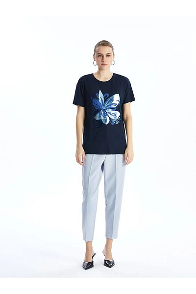 LC Waikiki Lcwaikiki Classic Navy Blue Crew Neck Floral Women's T-Shirt