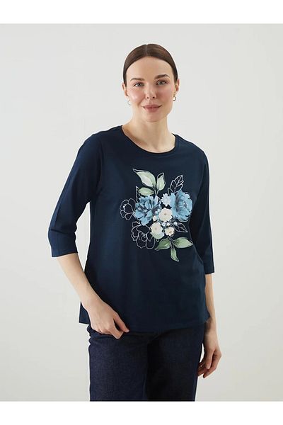 LC Waikiki Lcw Grace Navy Blue Crew Neck Floral Women's T-Shirt