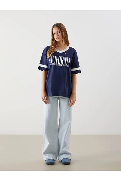 LC Waikiki Xside Navy Blue V-Neck California Printed Oversize Women's T-Shirt
