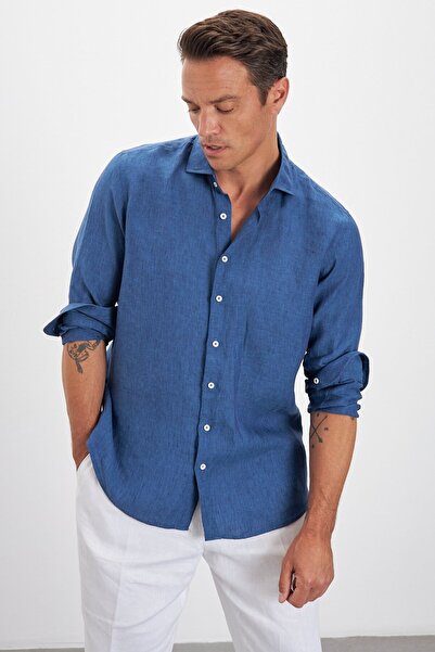 Paşahan Італійський комір Comfort Fit Прямий 100% льон Чоловіча сорочка