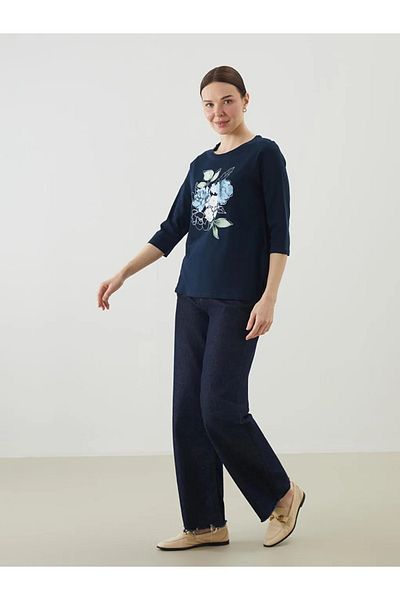 LC Waikiki Lcw Grace Navy Blue Crew Neck Floral Women's T-Shirt