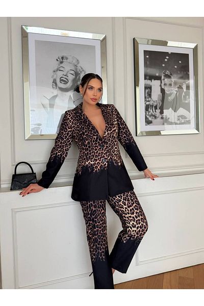 369 etnik butik Women's White Transitional Leopard Print Blazer Jacket and Pants Suit