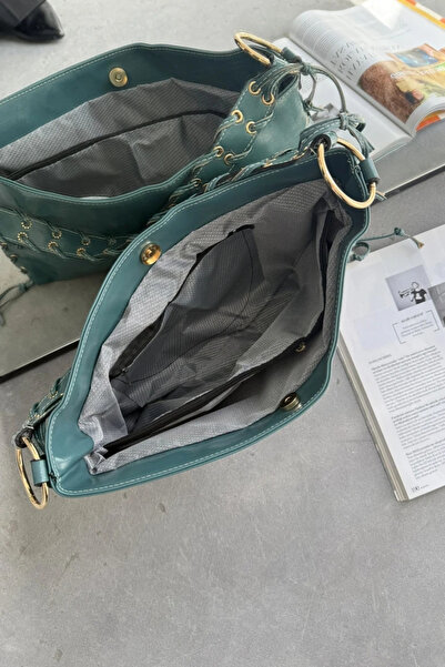 NBİBAGS Geantă de mână și de umăr cu inele tricotate Yolanda verde petrol