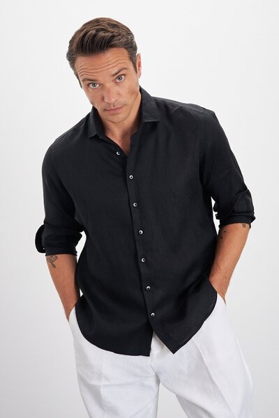 Paşahan Італійський комір Comfort Fit Прямий 100% льон Чоловіча сорочка