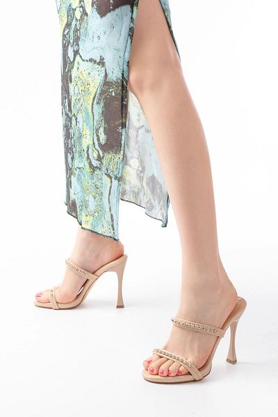TB Terzi Bey Women's Beige Patent Leather Stone Platform Heeled Slippers