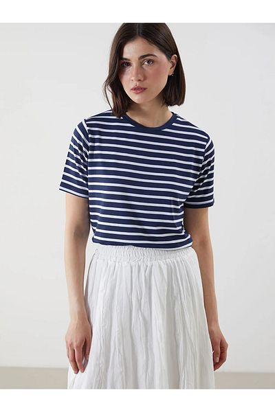LC Waikiki Lcw Modest Navy Blue Crew Neck Striped Women's T-Shirt