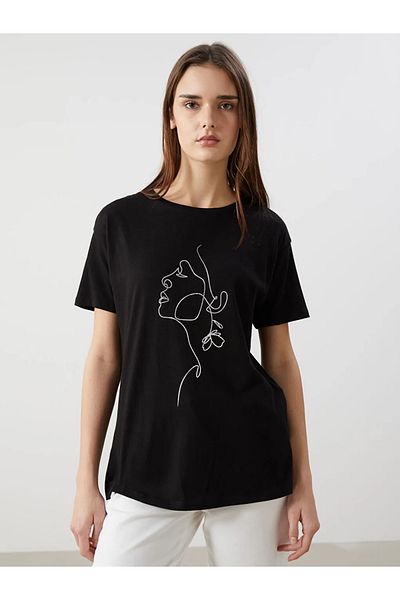 LC Waikiki Lcwaikiki Classic Black Crew Neck Printed Women's T-Shirt