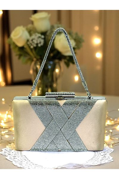 Biçanta Skin Nude Color Satin Silver Crystal Stone Handmade Special Production Women's Evening Dress Bag