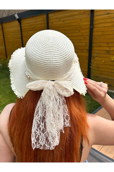 CSR Collection Straw Lace Bow Pearl Detailed Ultra Premium Hat