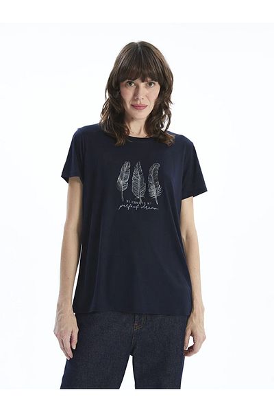 LC Waikiki Lcwaikiki Classic Navy Blue Crew Neck Printed Women's T-Shirt