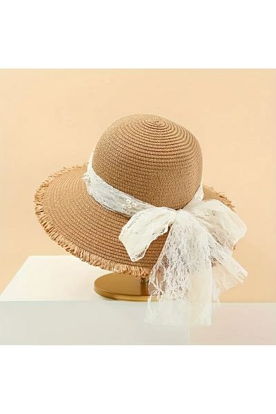 CSR Collection Straw Lace Bow Pearl Detailed Ultra Premium Hat