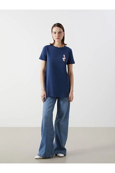 LC Waikiki Tricou pentru femei LCW Comfort Indigo Crew Neck Daisy Duck imprimat