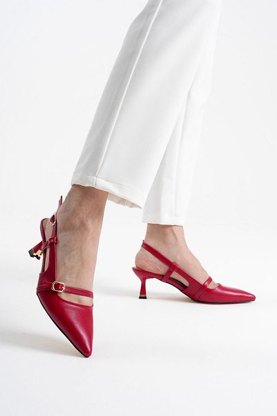 MASSOLE Women's Red Leather 5 cm Open Back Stiletto Special Design Heel Imported Buckle Stylish Comfortable New Season