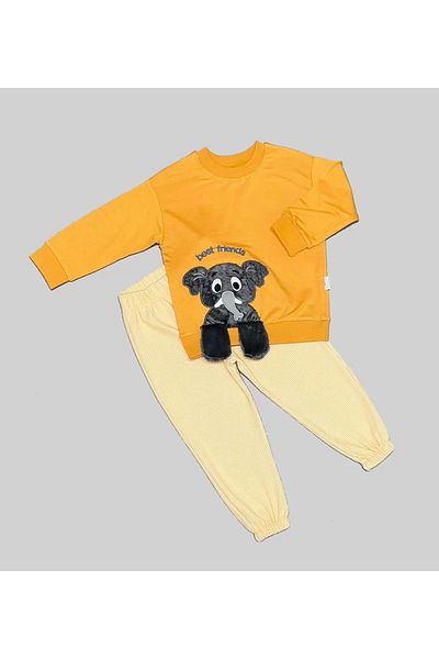 ALFA AKSESUAR 03 1-2-3 Years Elephant Rocking Foot Patterned Lycra Combed Fabric Sweat Pants Girls Boys 2-Piece Children's Set