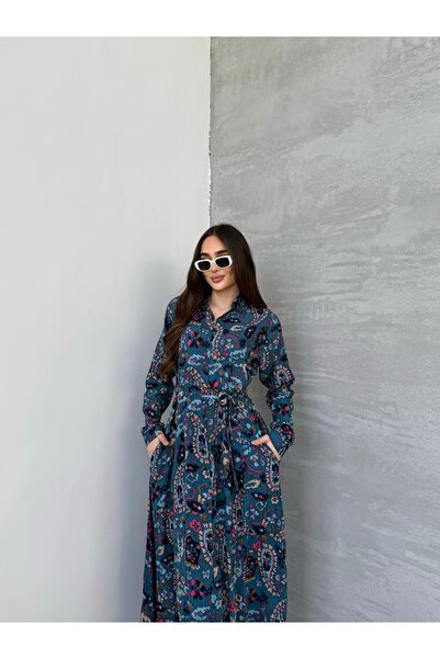 Anna Moda Kuşaklı Şal Desen Elbise