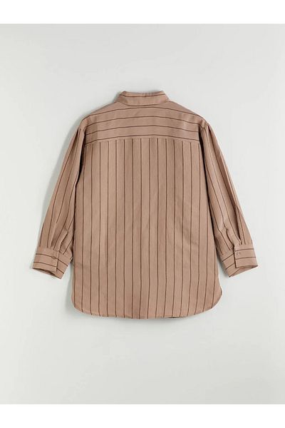 LC Waikiki Lcw Modest Brown Shirt Collar Striped Modal Blend Women's Tunic