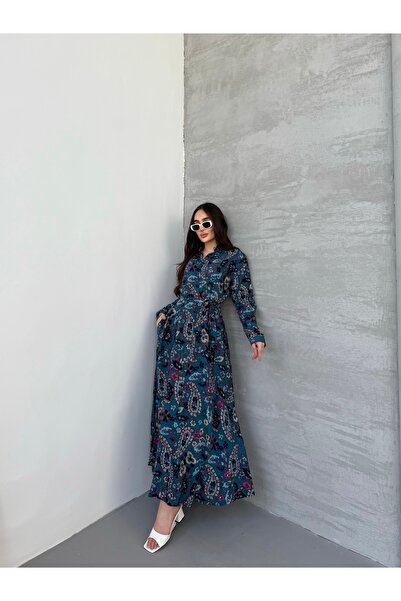 Anna Moda Kuşaklı Şal Desen Elbise