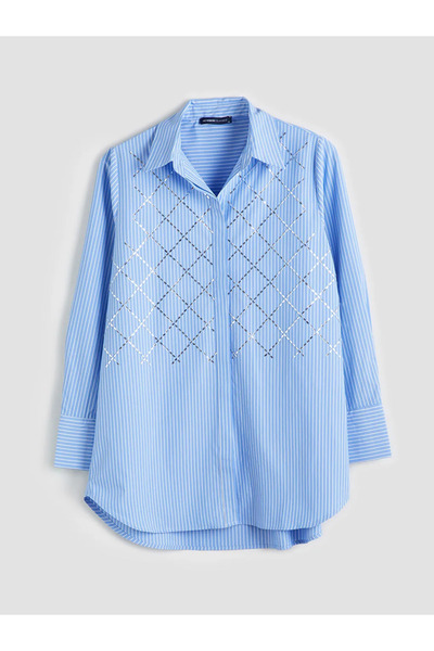 LC Waikiki Lcwaikiki Classic Blue Striped Shiny Stone Printed Women's Shirt Tunic