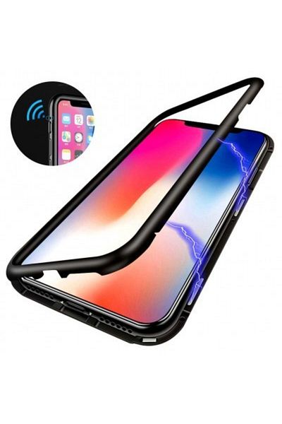 BLACK Carcasă Apple iPhone X, neagră magnetică, potrivire perfectă cu spate din sticlă securizată premium