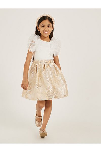 Styli Frill Mesh Sleeve Top and Jacquard Skirt Set
