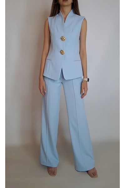 oyagüler Women's Blue Standing Collar Thick Buttoned Vest Pants Suit Yy101243