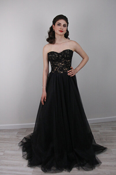 Şenay Ceylan Moda Evi Fransız Dantelli Astarlı Siyah Gece Elbisesi