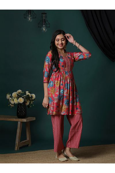 Globus Floral Printed Peplum Tunic and Chevron Print Trousers Co-Ords