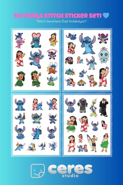 Ceres Studio Stitch Temalı 155 Parça Sticker Seti - Kawaii Karakter Etiketleri Defter Laptop Telefon İçin