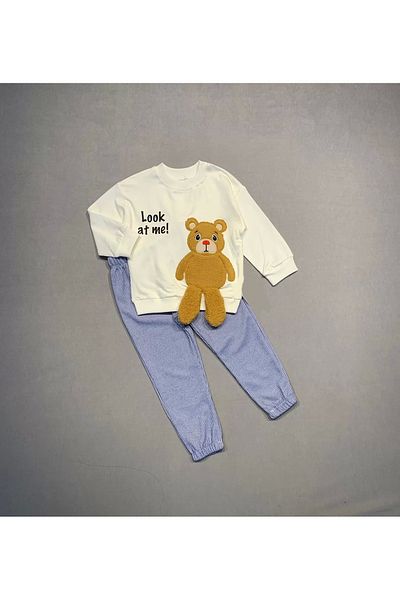 ALFA AKSESUAR 03 2-3-4 Years Old Teddy Bear Rocking Foot Patterned Lycra Combed Fabric Sweat Pants Girls Boys 2-Piece Children's Set
