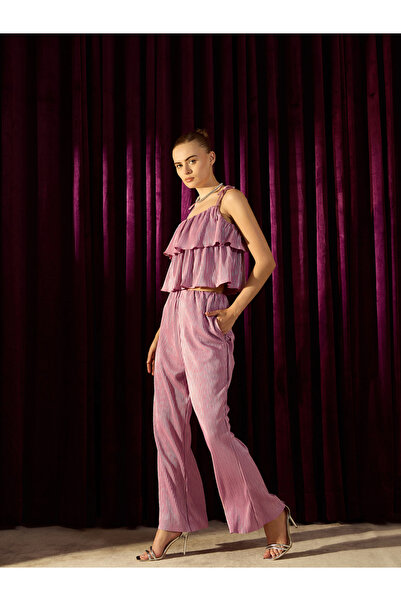 Kassually By Styli Plisse Ruffled Top and Wide Leg Pants Co-Ords