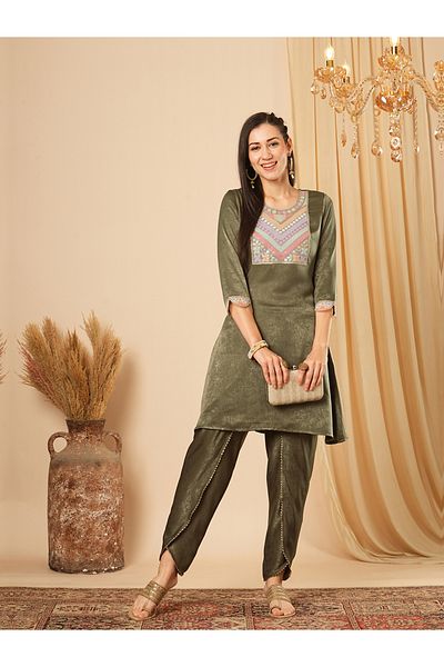 Globus Sequined Yoke Scalloped Sleeves Velvet Kurta and Dhoti Pants Co-Ords