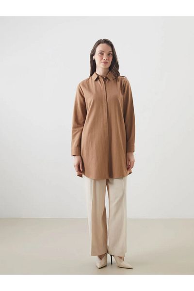 LC Waikiki Lcw Grace Brown Linen Blended Women's Shirt Tunic