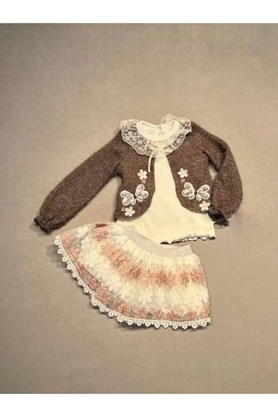 ALFA AKSESUAR 03 1-2-3 Years Old Brode Skirted Knitted Cardigan Long Sleeve Sweat 3-Piece Girl's Set Brown